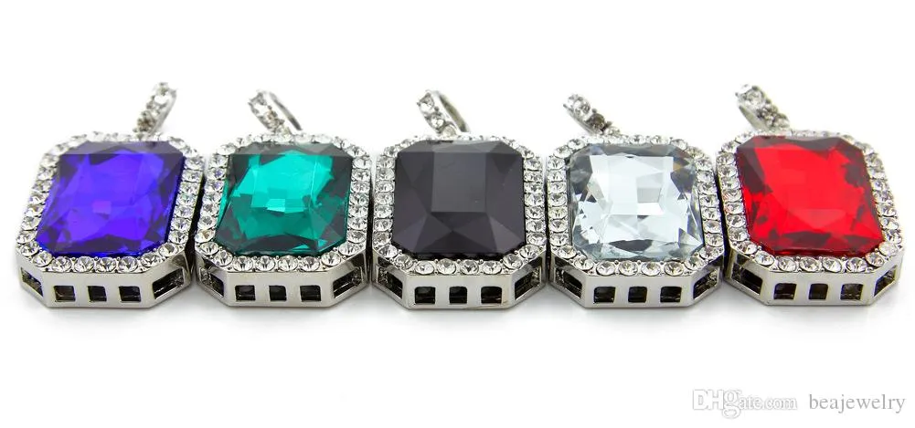 nuova moda 2 pezzi set argento placcato oro ghiacciato quadrato rosso rubino Blg strass ciondolo collana hip hop scatola portagioie_voghion.com