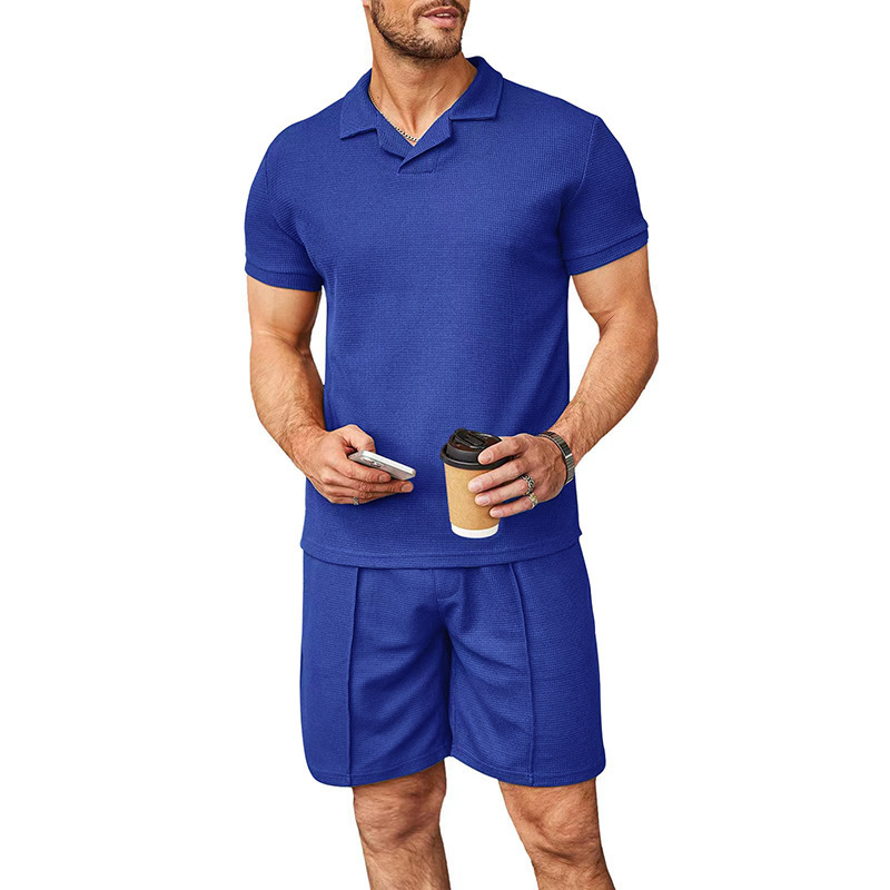 Men's summer new waffle V-neck polo shirt with flip collar short sleeved T-shirt men's set_voghion.com
