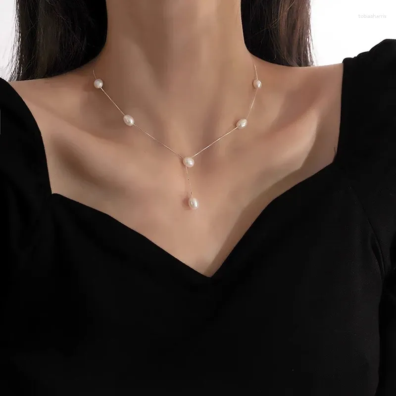 Łańcuchy 1 szt. Prosty modny elegancki długi naszyjnik z pereł dla kobiet dziewcząt seksowny frędzel perła łańcuszek obojczykowy biżuteria_voghion.com
