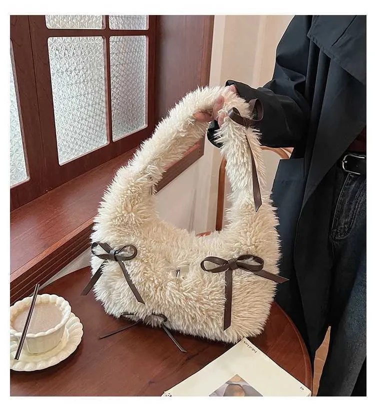 Sac à main en peluche douce pour femme, solide, moelleux, nœuds, appliques, épaule, femme, automne, hiver, mignon, sous les aisselles, paquets, poignée, dame_voghion.com