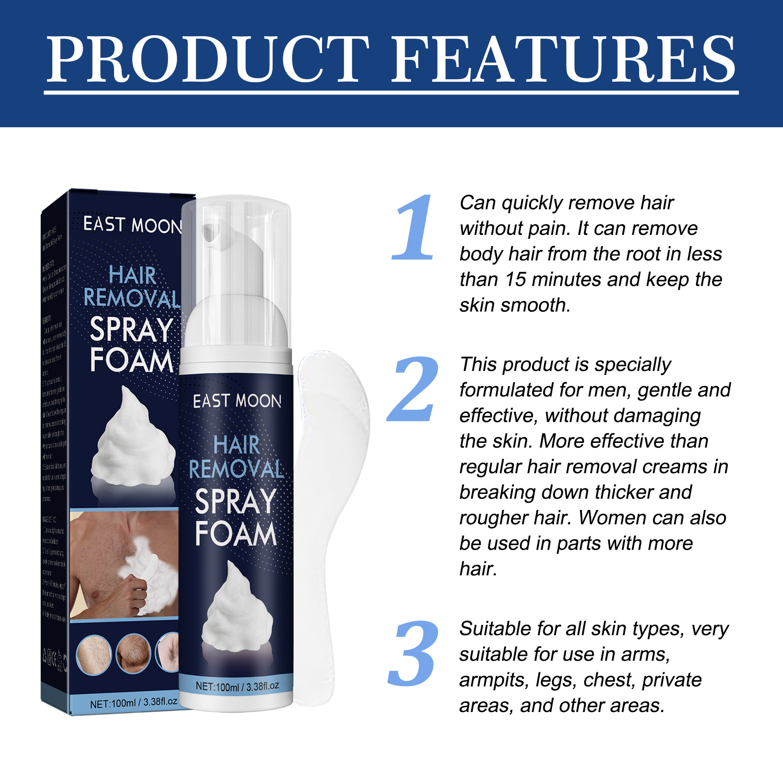 East Moon Spray masculino de espuma para limpeza rápida e depilação rápida_voghion.com
