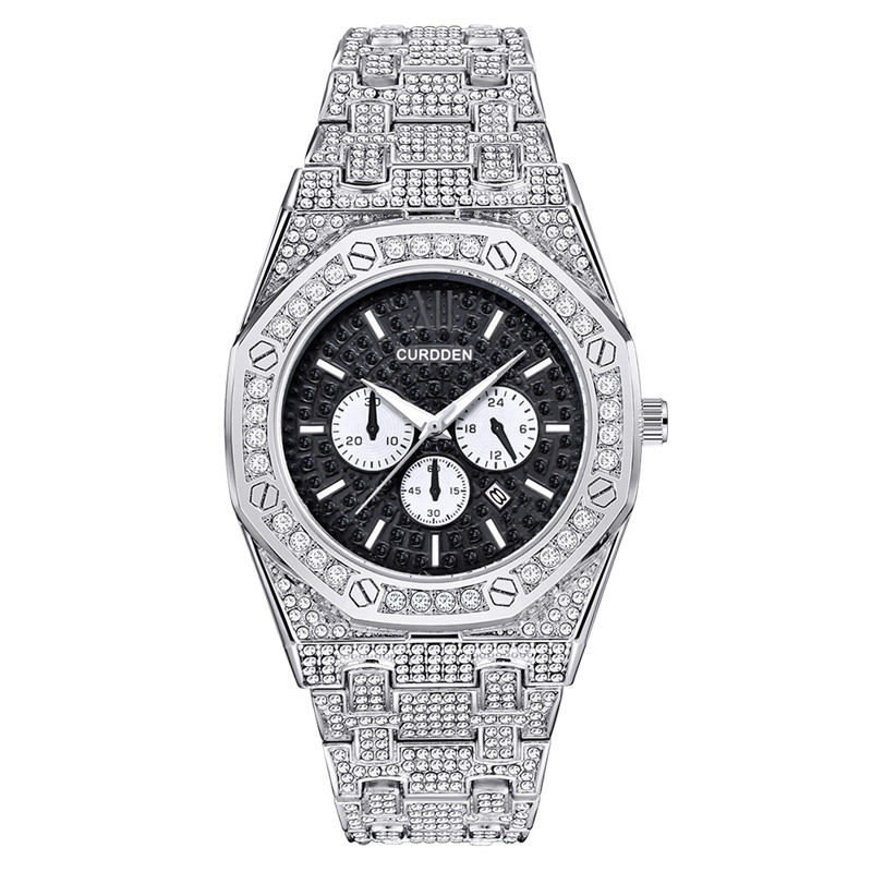 Men's Hip Hop Watch With Diamond Accents - Stylish Quartz Watch With Calendar Function, 41mm Round Dial, Alloy Band, Gold & Silver Options_voghion.com
