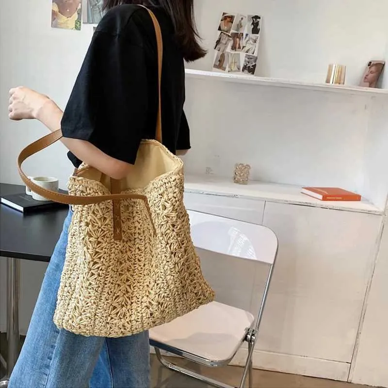 Fashion turf large capacity shoulder shopping bag womens vacation beach wallet Bohemian ragtan knitted handbag Y241011_voghion.com
