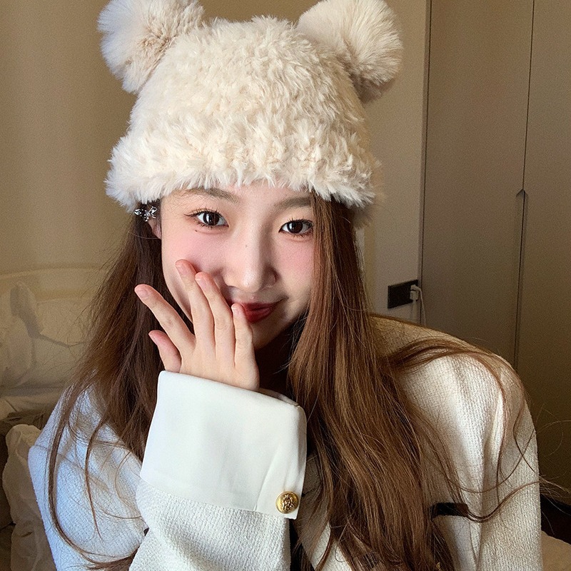 Autumn and Winter Cute Little Bear Plush Ear Protection for Children's Versatile Warmth Double Hair Ball Knitted Hat_voghion.com