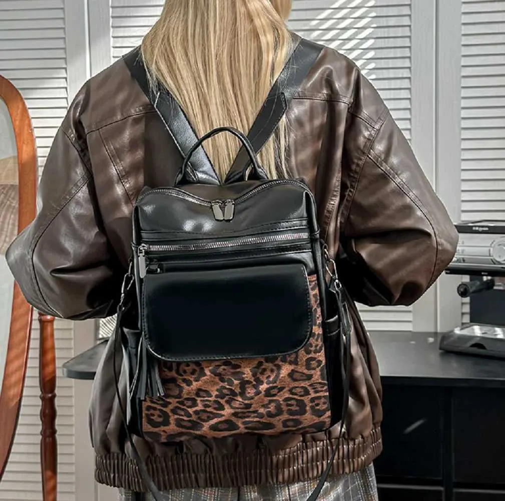 Sacs à dos de voyage en cuir vintage léopard pour femmes, nouvelle mode, grande capacité, sacs à bandoulière, fourre-tout, sac d'école, bandoulière_voghion.com