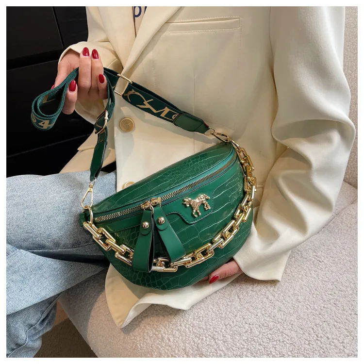 Thick Chain Women's Waist Fanny Pack Fashion Crossbody Chest Bags Female Belt Crocodile Shoulder Bag_voghion.com