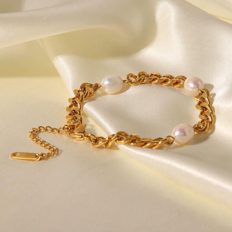 6mm Wide Stainless Steel Cuban Chain Three Pearl Fashionable And Simple Vintage Versatile Style Bracelet_voghion.com