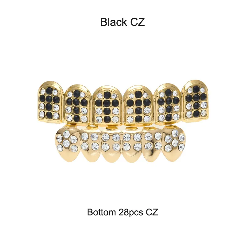 Party Cosplay Hiphop Zubehör CZ Kristall Bio Kupfer Gold Zähne Grillz Kappen oben und unten mit rot schwarz Kreuz Charme_voghion.com