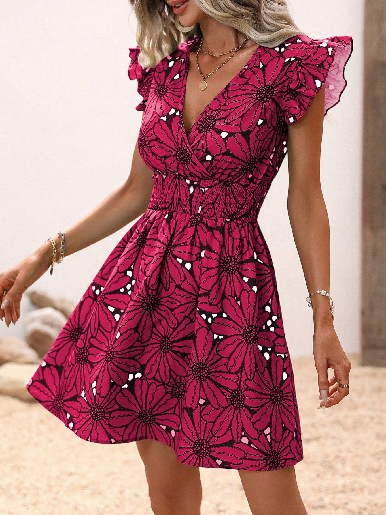 Damen Rock-set Mit Blumenmuster V-ausschnitt Und Taillierung_voghion.com
