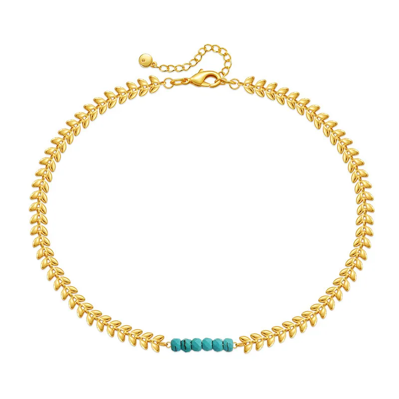 Collier de perles turquoise irrégulières faites à la main pour femmes, chaîne porte-bonheur en forme d'épis de blé dorés, bijoux rétro_voghion.com
