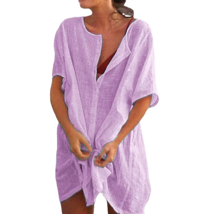 Camicia a maniche corte tinta unita, ampia, di media lunghezza, multi-taglie, da donna_voghion.com