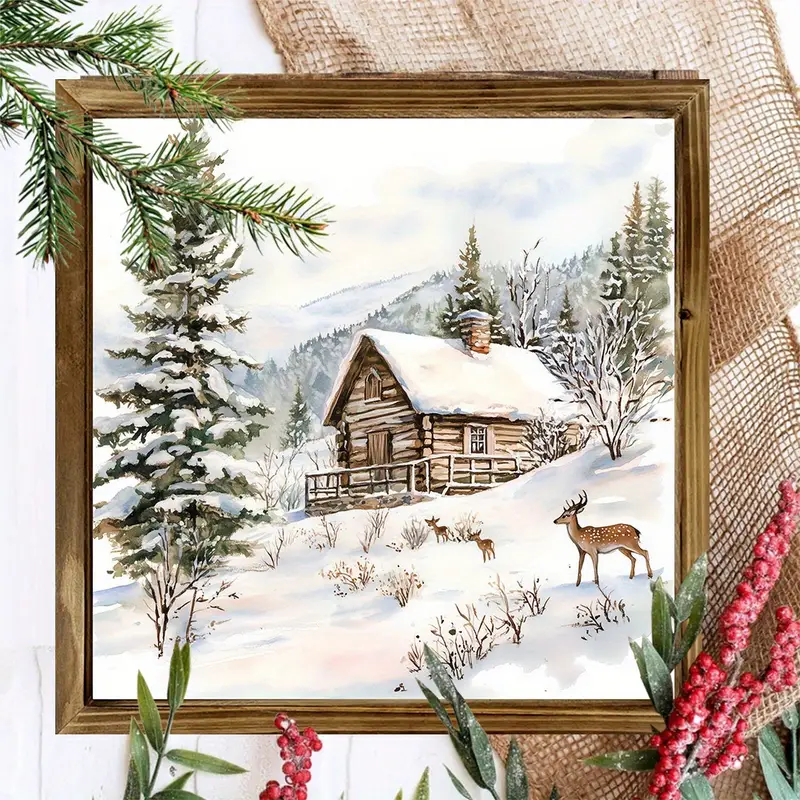 20x20 cm rustik julstuga och renväggkonst - fyrkantig träram, horisontell polerad träfinish, lätt presentplakett för högtider_voghion.com