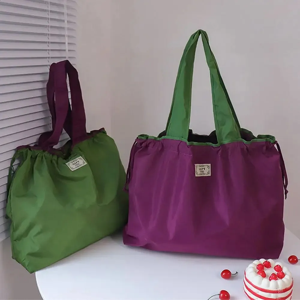 Foldable Tote Shoulder Bag For Women Solid Colour Shopping Bag_voghion.com