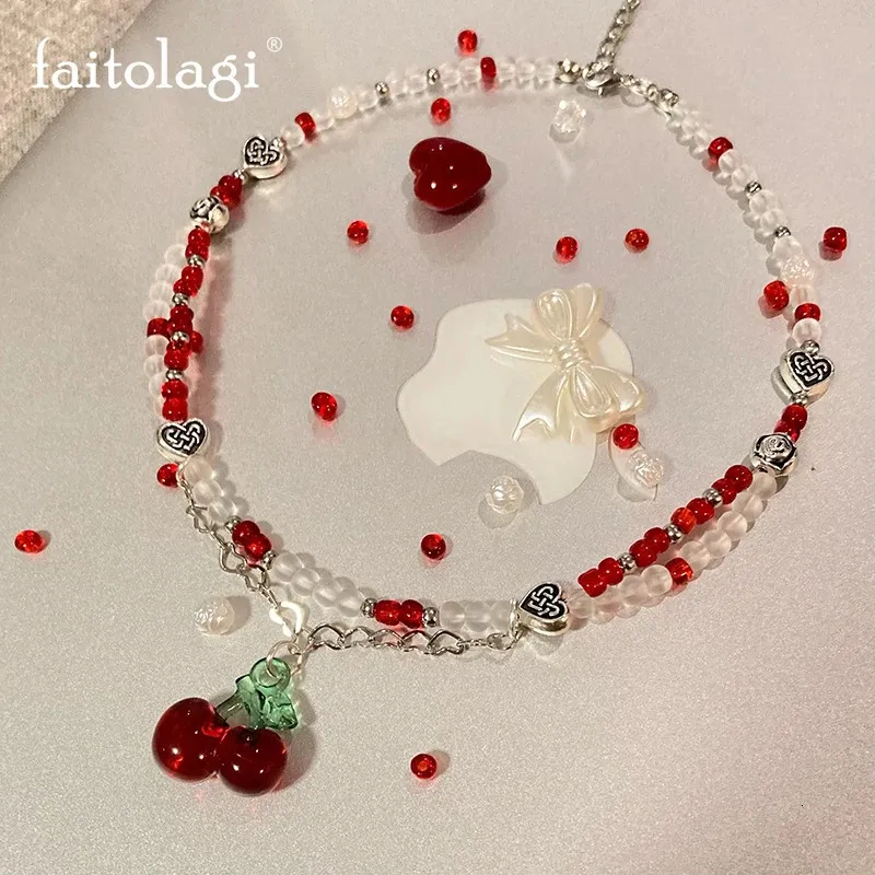 Collar con colgante de corazón y cereza mujer estilo y2k boho_voghion.com