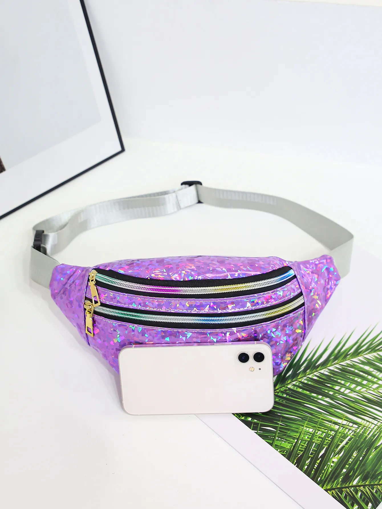Holografische Taschen Damen Sier Fanny Pack Damengürtel Schwarz Geometrische Taillentaschen Laser Brust Telefontasche Bauchtasche_voghion.com