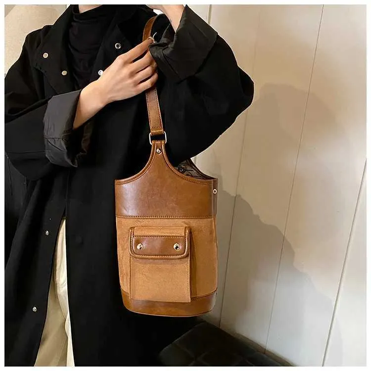 Borsa a tracolla in pelle scamosciata alla moda con toppa in PU per donna, colore a contrasto, casual, grande capacità, tracolla per la spesa da donna_voghion.com