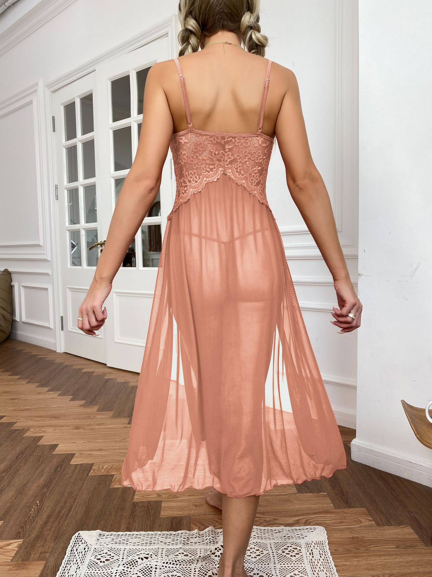 Vestito notte sexy donna pizzo scollo a v camicia da notte mesh_voghion.com