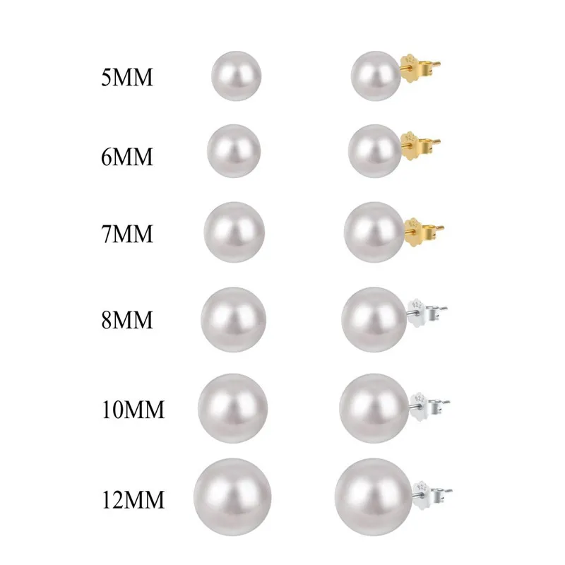orecchini di perle di conchiglia da donna, 5 mm, 6 mm, 10 mm, 12 mm, argento sterling, oro bianco, orecchini a bottone da donna alla moda_voghion.com