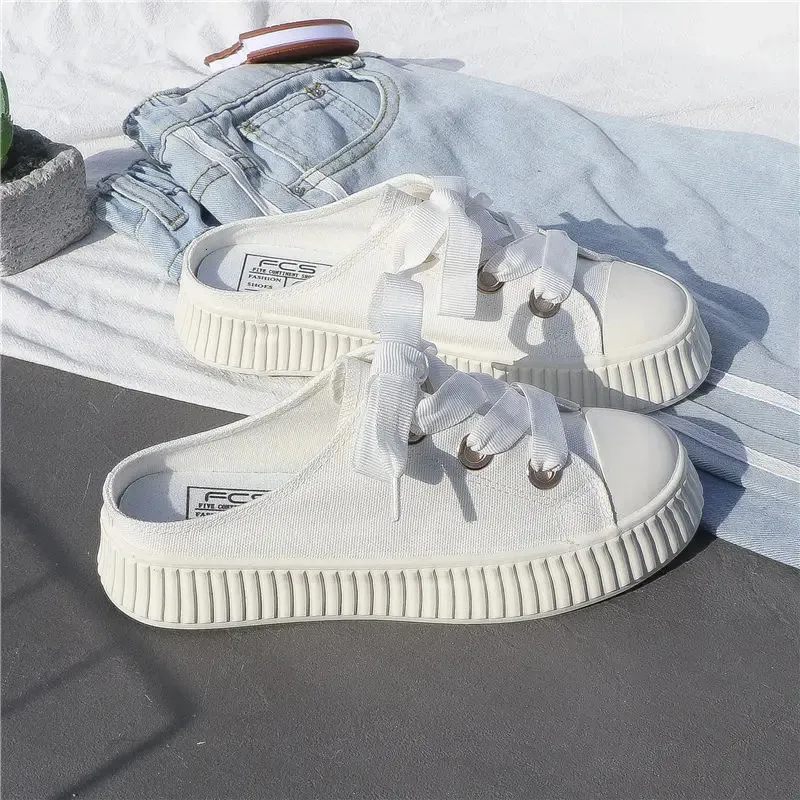 Sneakers estive da donna, pantofole e sandali da donna, ciabatte sportive con fiocco, scarpe alte, punta tonda, cotone, junior, bianco F_voghion.com