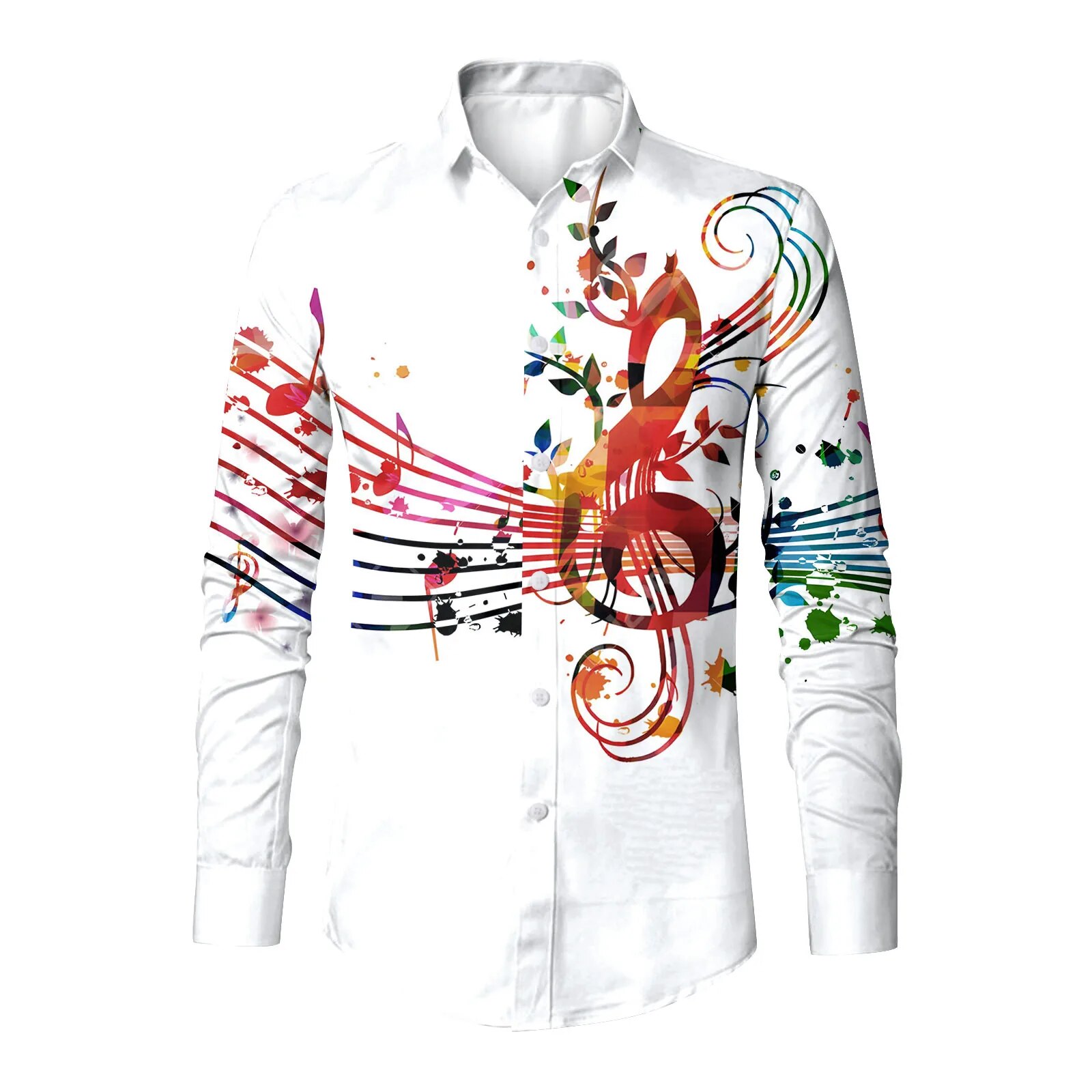 Men Music Note White Shirt Social Drs Streetwear Fashion Casual 3d Digital Print Lightweight Breathable Long Sleeve_voghion.com