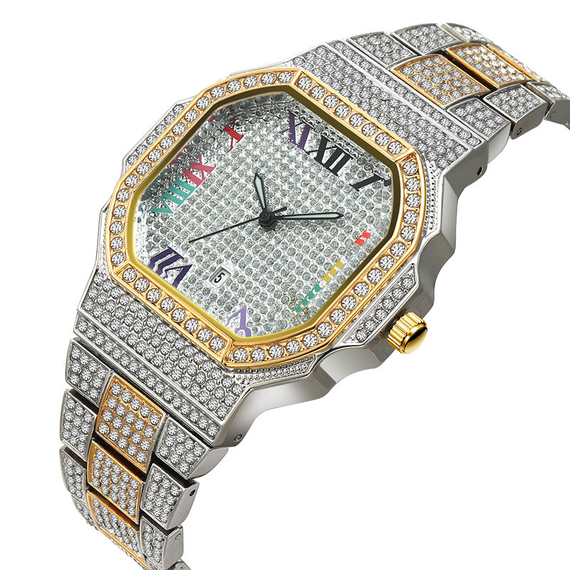 Men's Luxury Hip Hop Diamond Quartz Watch With Gold/Silver/Rose Gold Tone, Date Display, And Stylish Design For Casual & Formal Wear_voghion.com