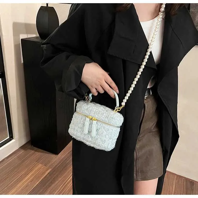Mini Umhängetasche Für Damen Tweed Karo Klappentasche Perle_voghion.com