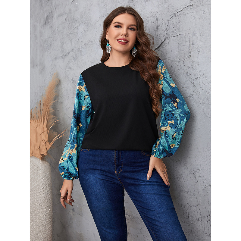 Women's temperament commuting color matching plant lantern sleeve round neck large size shirt_voghion.com