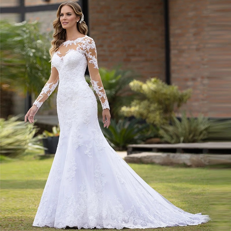 Main wedding dress 2025 new foreign trade wedding dress European style slim fishtail one shoulder long sleeves open back wedding dress