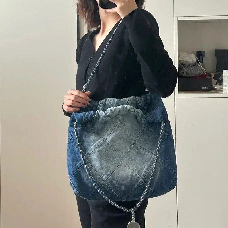 Denin – sacs fourre-tout bleus pour femmes, fourre-tout populaire tendance en treillis de diamant, épaule de grande capacité, sac sous les bras en toile d'automne 2024, nouvelle collection_voghion.com