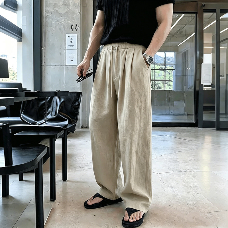 Men’s Clothing Summer Style Men’s Loose Curved Blade Pants Solid Color Plus Size Casual Fashionable Cotton Linen Long Trousers