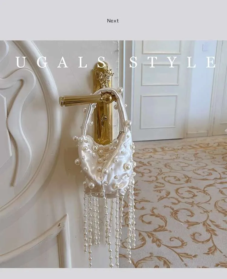 Borsa a mano da donna in raso morbido con perline lucide, con perline e nappe, da sera, per matrimonio, festa, pochette, borsa a tracolla da donna, da strada_voghion.com
