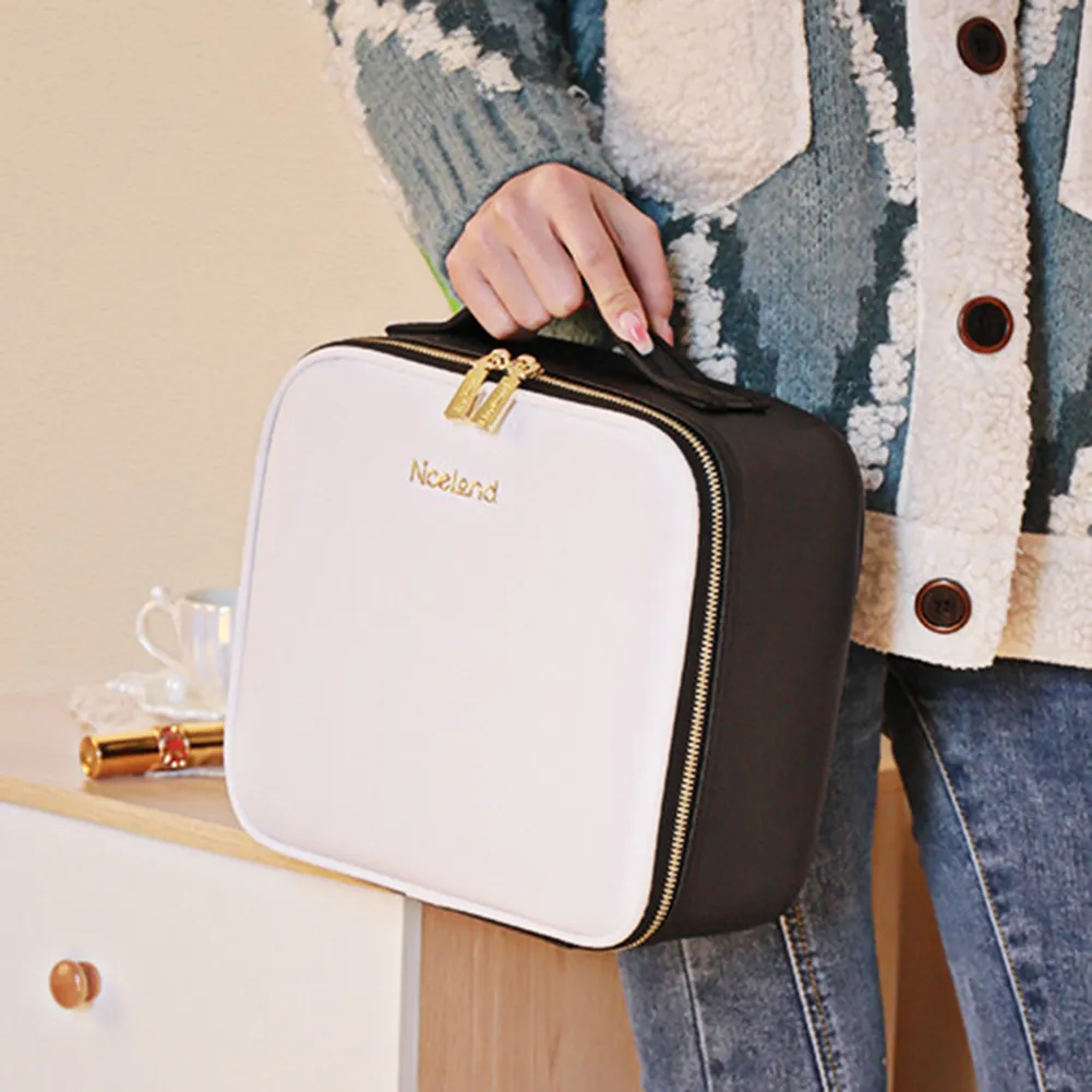 Make Up Pouch With Mirror Travel Makeup Bags Portable Large Capacity Fashi Simple PU Leather Casual For Weekend_voghion.com