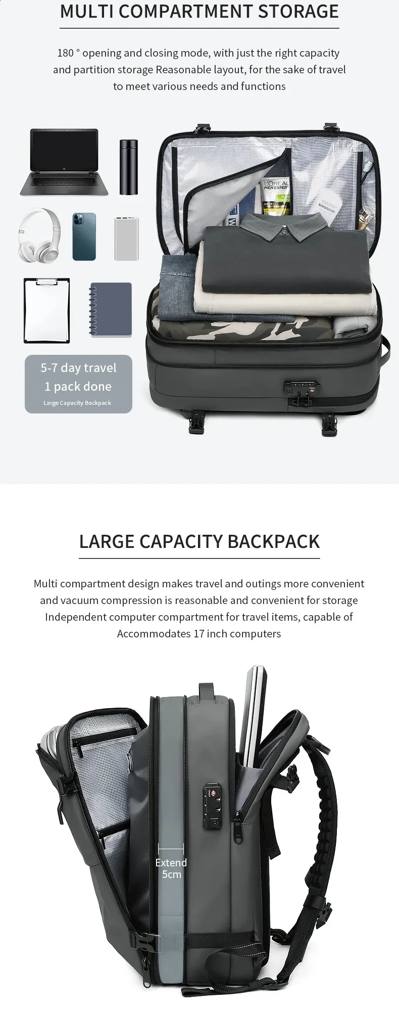 Sac à dos de voyage à compression sous vide pour hommes, sac à dos d'école de grande capacité pour ordinateur portable de 17 pouces, sac à dos de randonnée étendu 240729_voghion.com