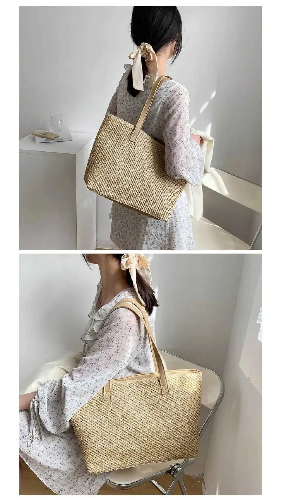2024 Summer Beach Straw Large Capacity Shopping Solid Color Shoulder Makeup Bag Casual Womens Wallet Handbag Y241011_voghion.com