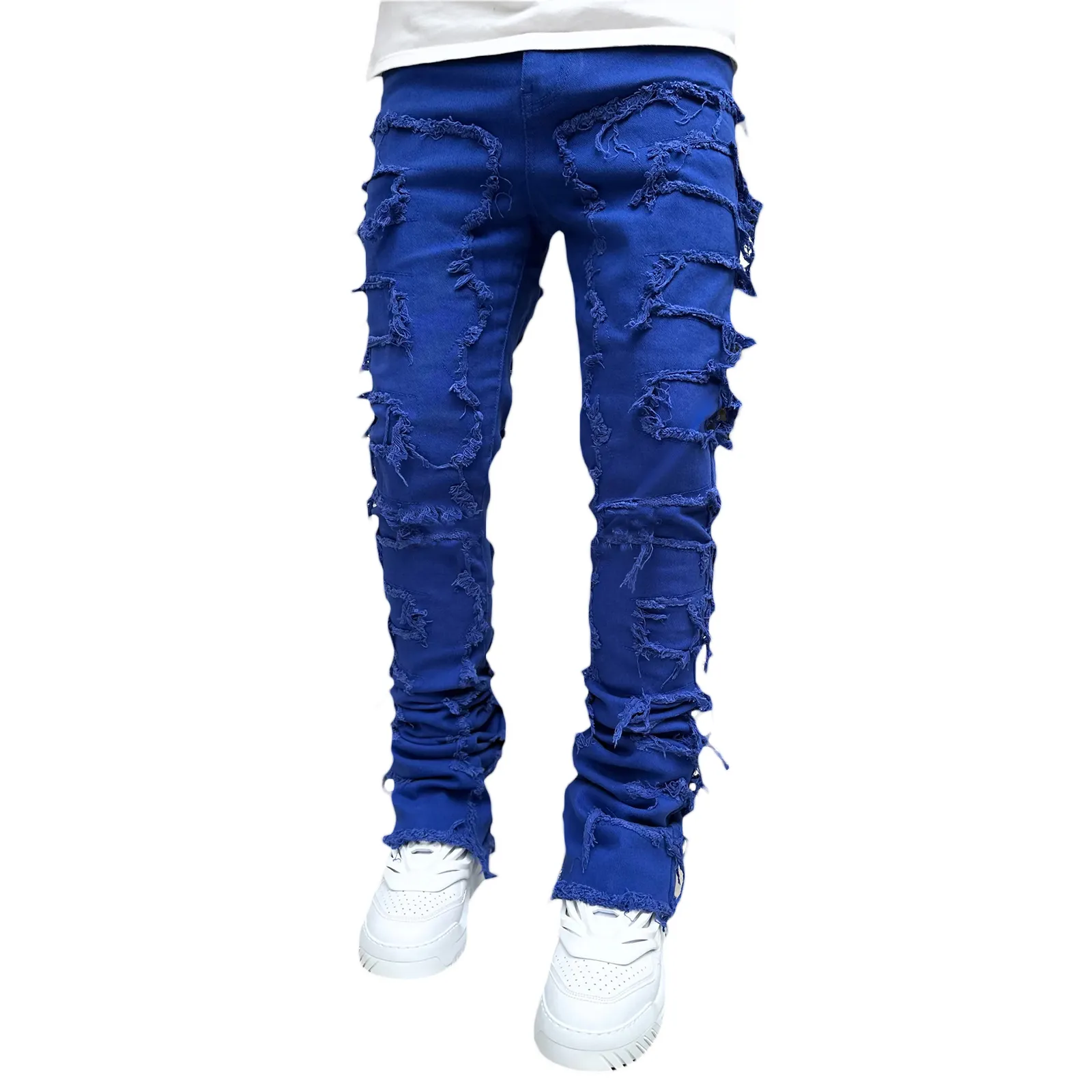 Men's Jeans Regular Fit Stacked Patch Distressed Destroyed Straight Denim Pants Streetwear Clothes Casual Jean_mkmklike.com