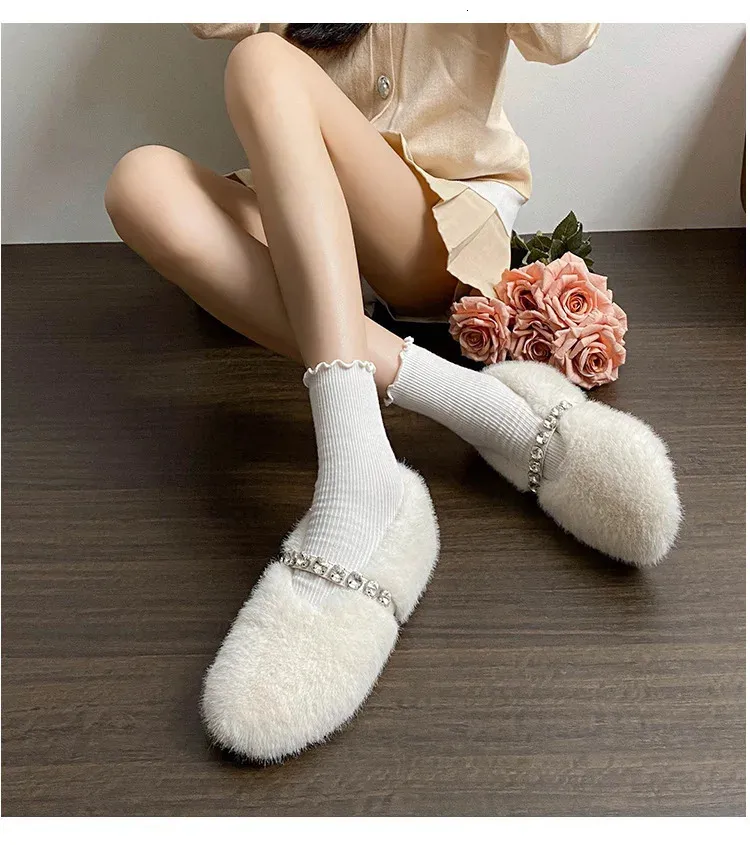 Fashion Leopard Fur Ballet Apartment Water Dia Buckle With Mary Jane Shoes Womens Winter Warm Plush Shallow Load 241122_voghion.com