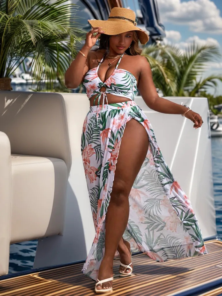Women's Clothing Hot Girl Three Piece Print Gathered Sexy Bikini Swimsuit Female Suit_voghion.com