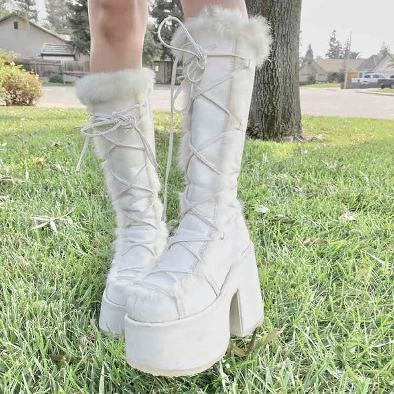 Lapolaka 2022 Fashion Waterproof Platform Heel Knee High Boots Lace Keep Warm The Winter Goth Punk Women Shoes T220915_voghion.com