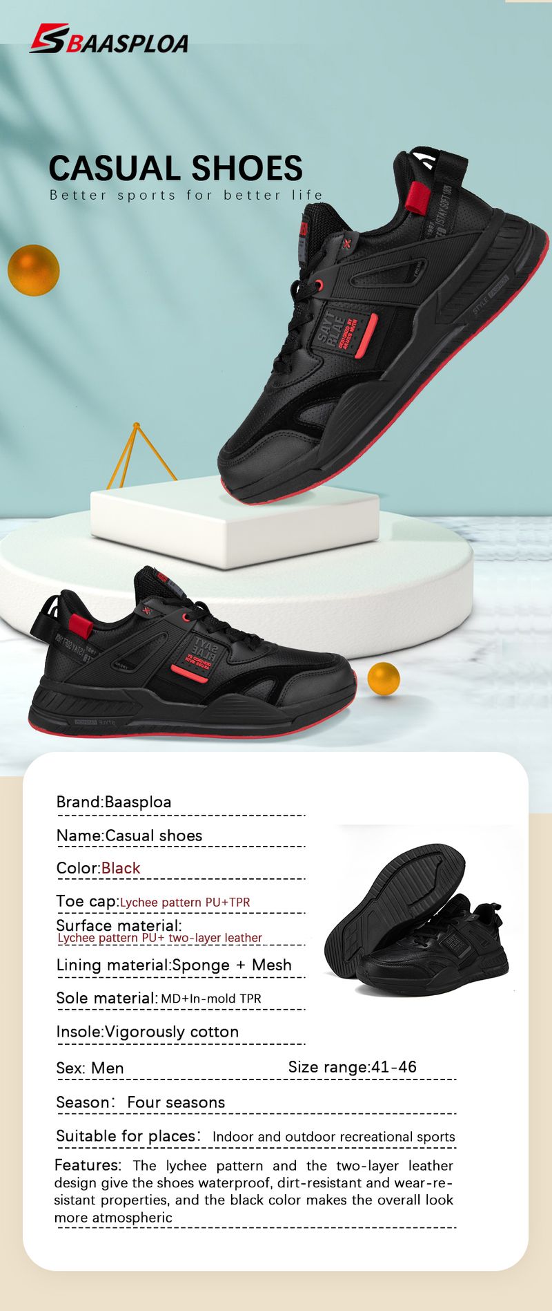 Baasploa Men Sport Leather Casual Fashion Waterproof Lightweight Sneakers Non-slip Walking Shoes Male Sneaker_voghion.com