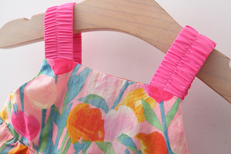 Newborn Baby Girl Dress Flower Printed Sling Bow Dress Send Hat_voghion.com