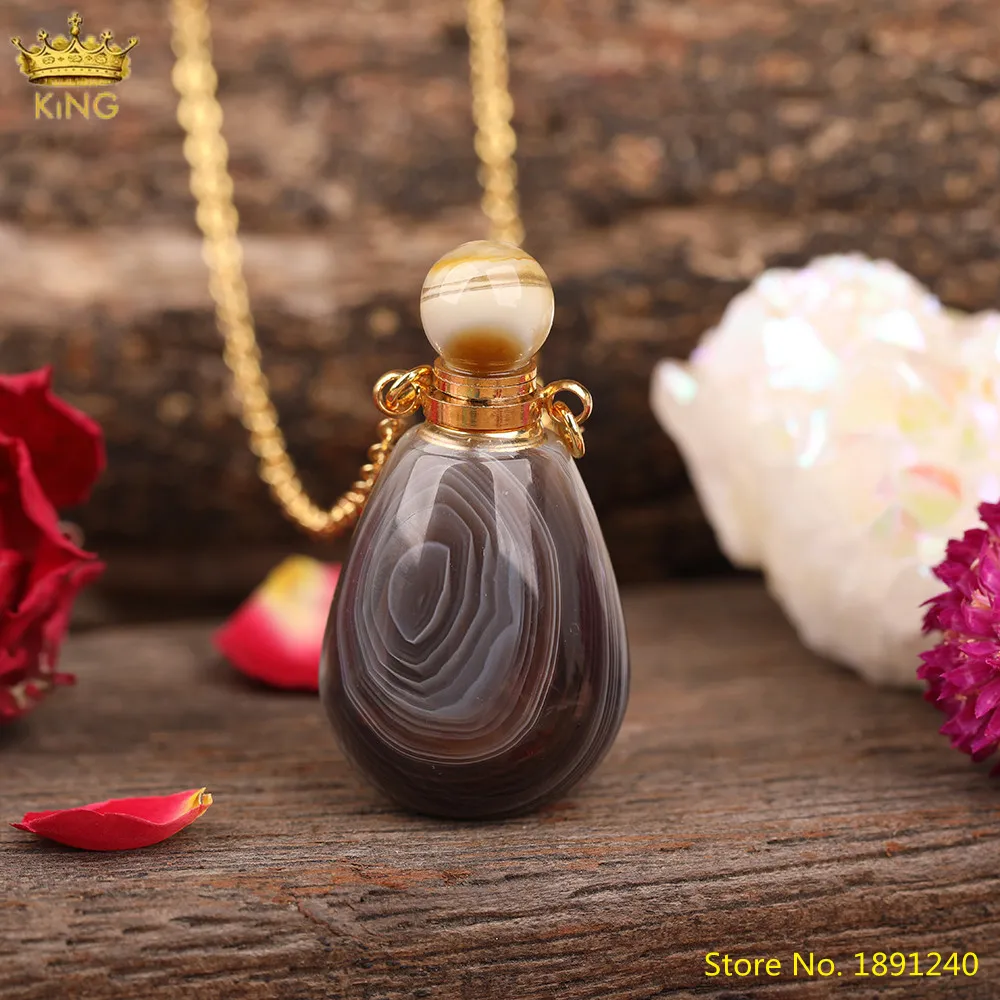 Collares colgantes con piedra de ágata negra natural facetada, botella de perfume para mujer, collar difusor de aceite esencial de ónix dorado_voghion.com