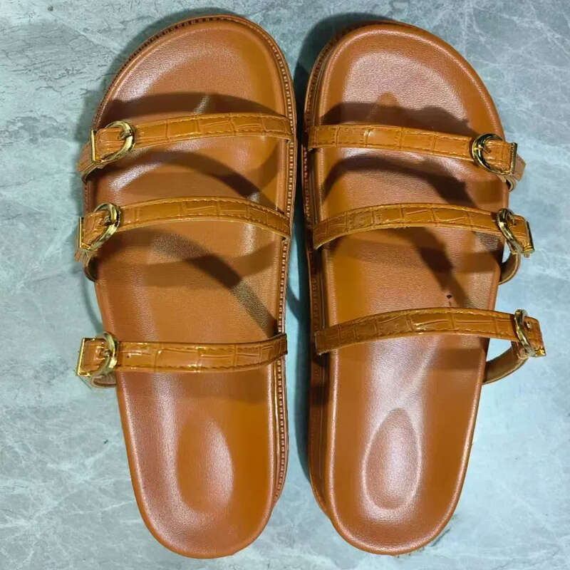 SHLIANG Casual Flache Frauen Strand Hausschuhe Outdoor Dicke Unterseite Weibliche Sommerrutschen Metallschnalle Weiches Leder Walking Damen Römische Schuhe Y0276_voghion.com