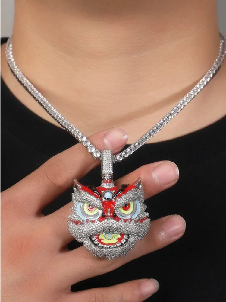 Collana con ciondolo a forma di leone colorato retrò hip hop, regalo per uomo, gioielli placcati in oro vero e zircone pieno_voghion.com