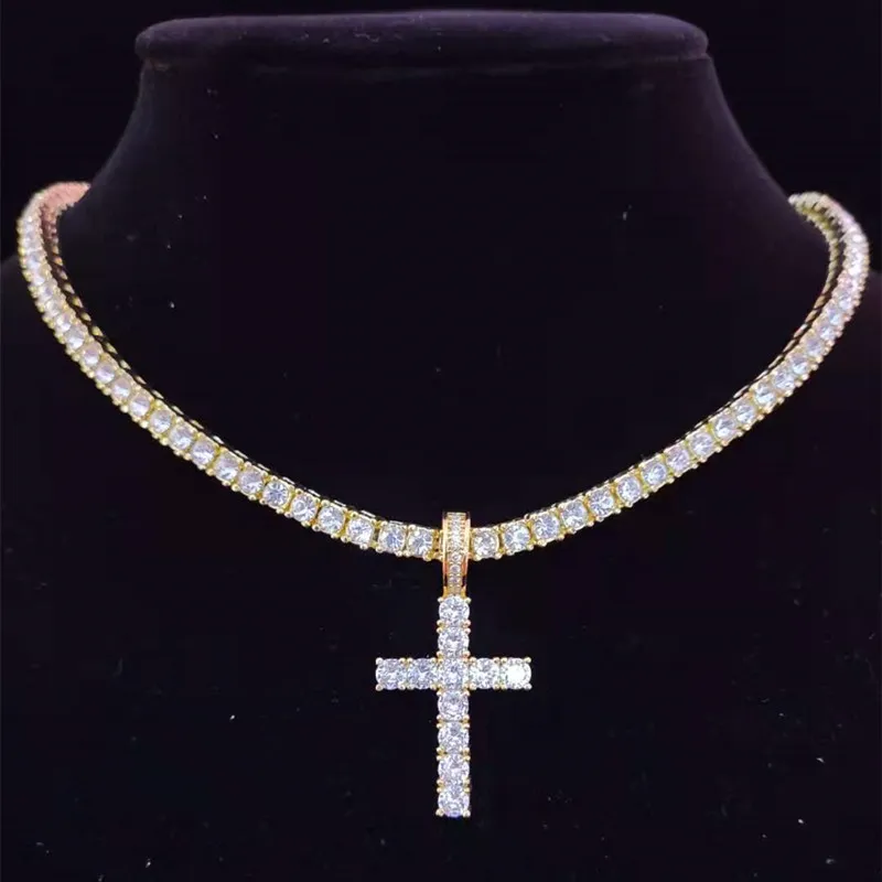 Anheng Halskjeder Menn Kvinner Hip Hop Cross Halskjede Med 4mm Zircon Tennis Kjede Iced Out Bling HipHop Smykker Mote_voghion.com