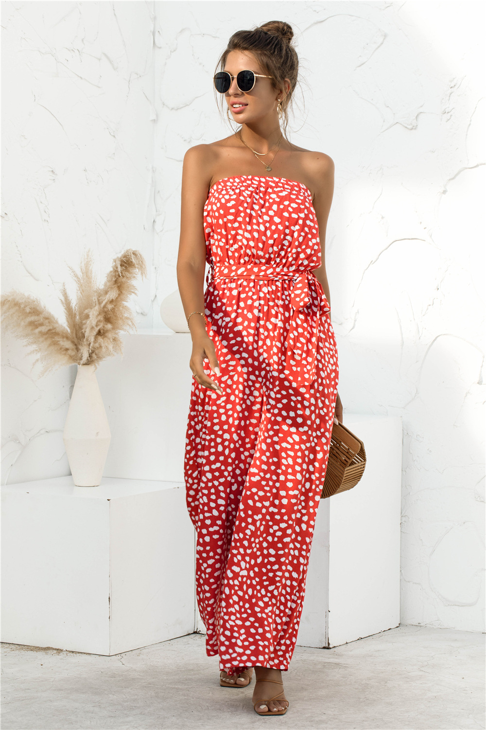 Nuevos productos de verano para mujer, nuevo mono de pierna ancha con cordones y estampado de lunares en forma de corazón y top de tubo sexy_voghion.com