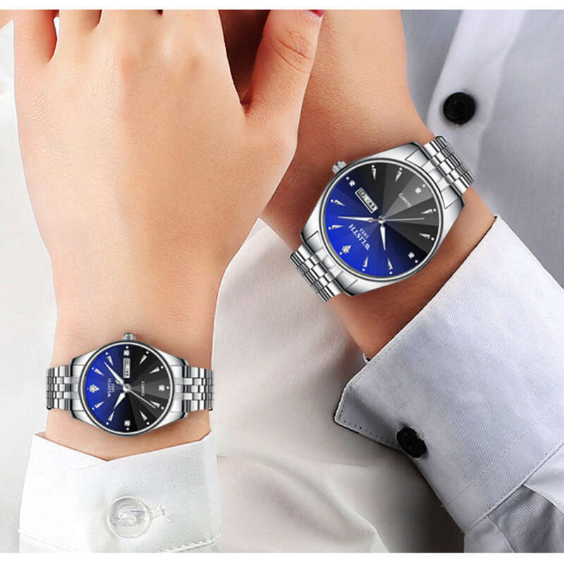 Rovné unisex pánské ležérní dvojitý kalendář noční záře ocelový pásek quartz pár nemechanické hodinky dárek_voghion.com