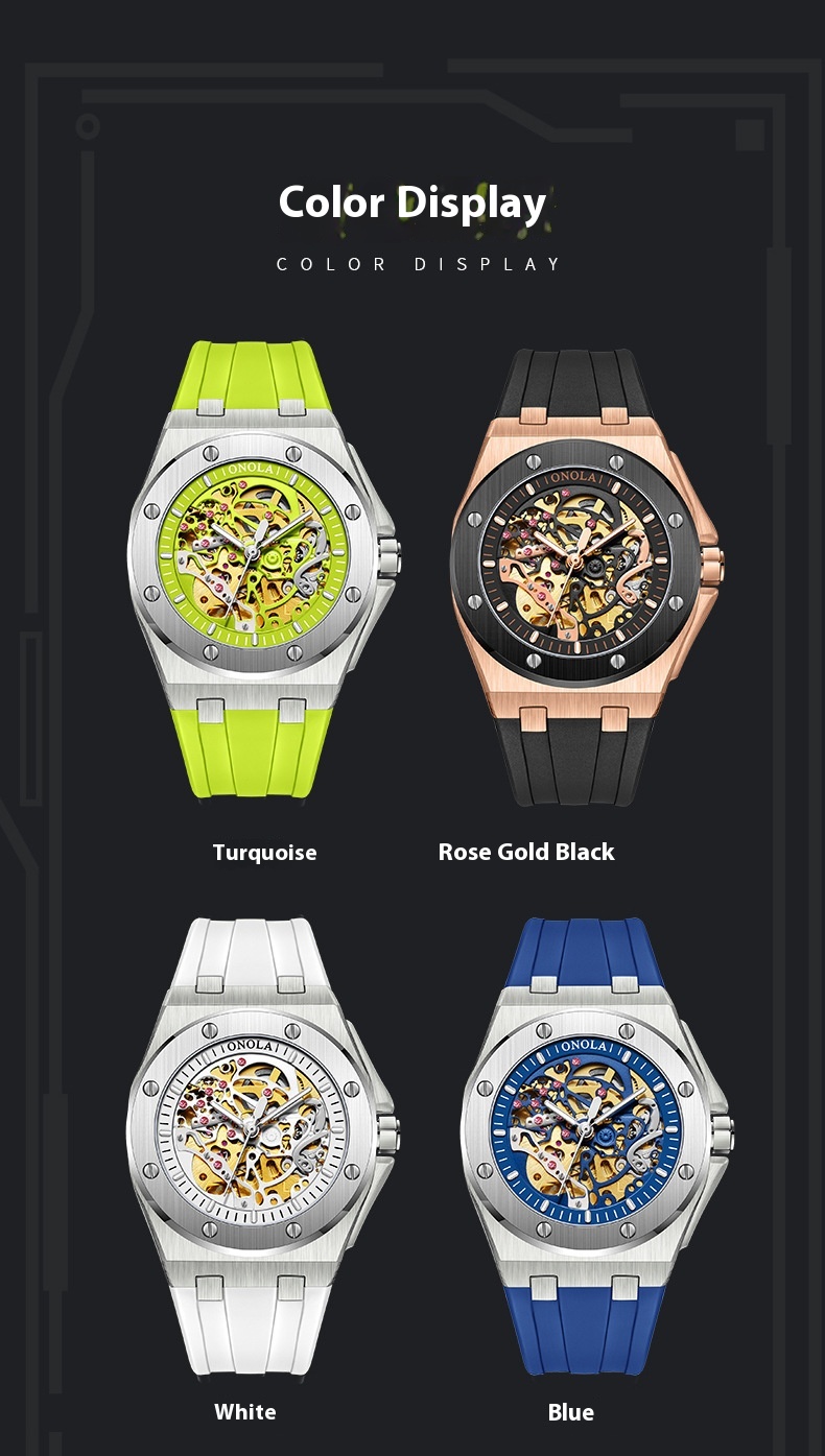 Ceas mecanic complet automat pentru bărbați ONOLA/Orona, cu bandă din silicon multicoloră, impermeabil, nou_voghion.com