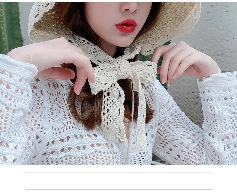 Internet famous straw female summer lace tied hat, fresh refreshing beach vacation, sun protection and shading hat strap_voghion.com
