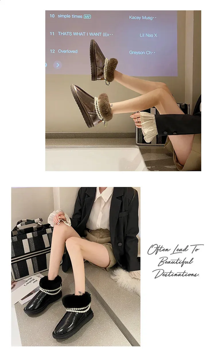 Bead Fur Snow Patent Leather Warm Wrinkle Student botte Womens Sliding Thick Bottom Wool Winter Boots Women 240904_voghion.com