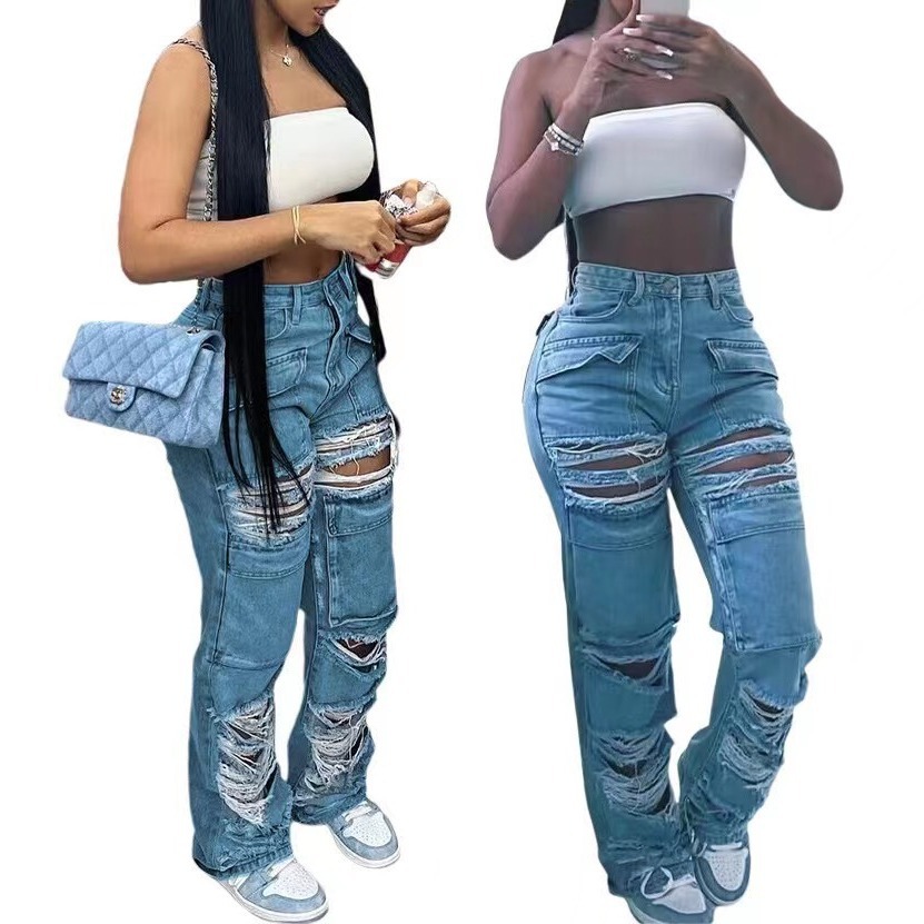 Women's Spring Summer New Casual Denim Pants Ripped Jeans High Waist